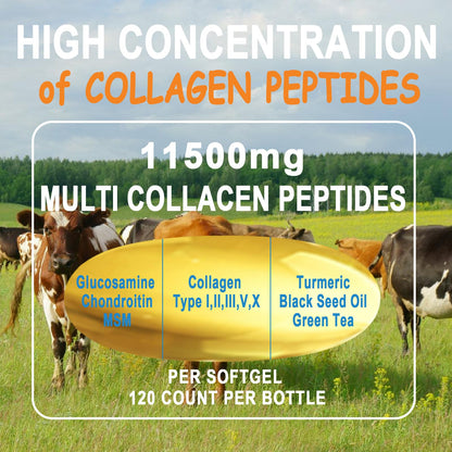 Collagen Peptides Softgels, Multi Collagen Peptide w/ Glucosamine Chondroitin MSM Biotin, Hydrolyzed Collagen Peptides Complex for Women Supports Skin Hair - Maple Wellness Supplements