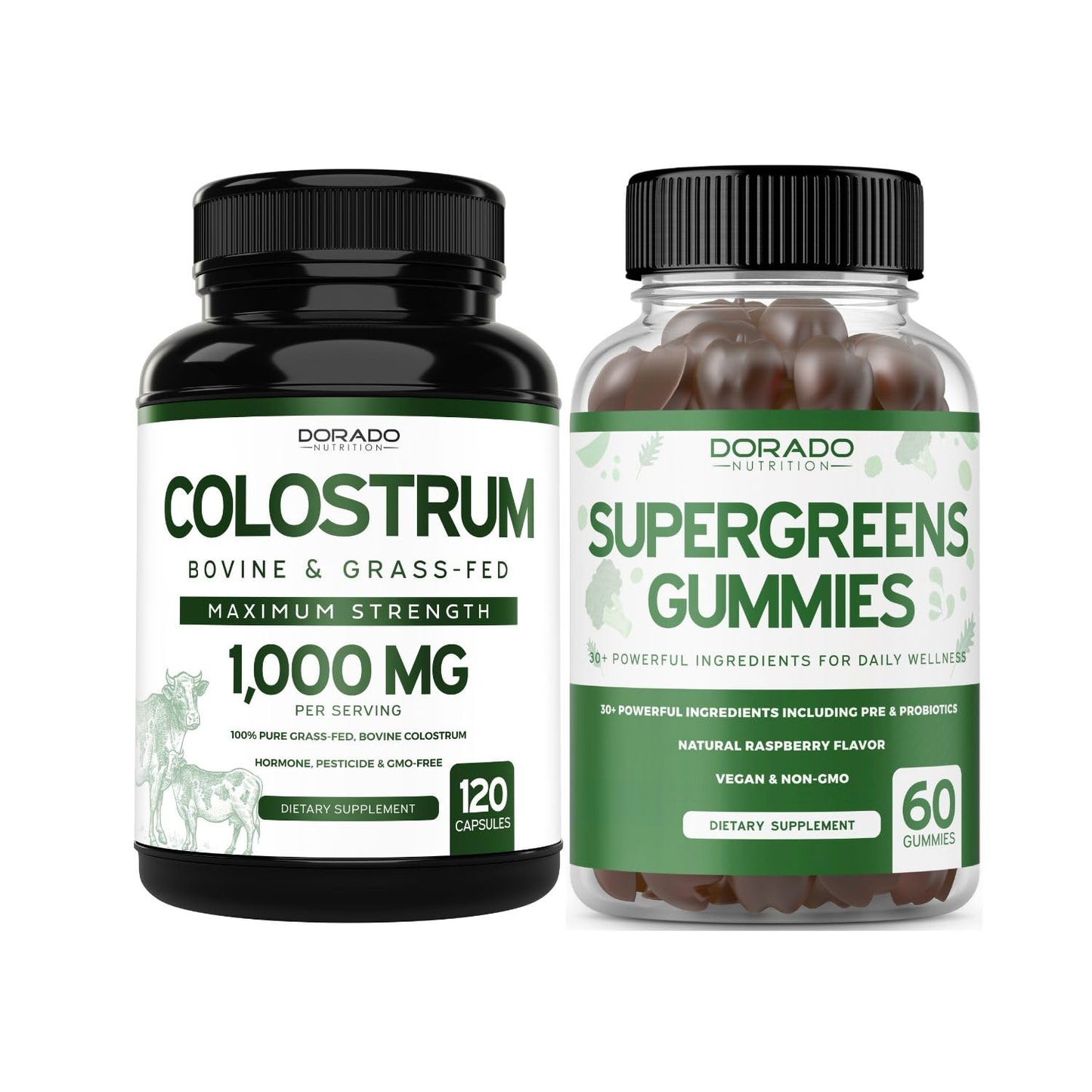 Colostrum (120 Count) Bovine Colostrum Capsules Supplement and Supergreens (60 Gummies) Superfood for Immunity Support with Greens Supplements with 8 Ingredient Power Blend - Vegan Safe & Made in USA - Maple Wellness Supplements