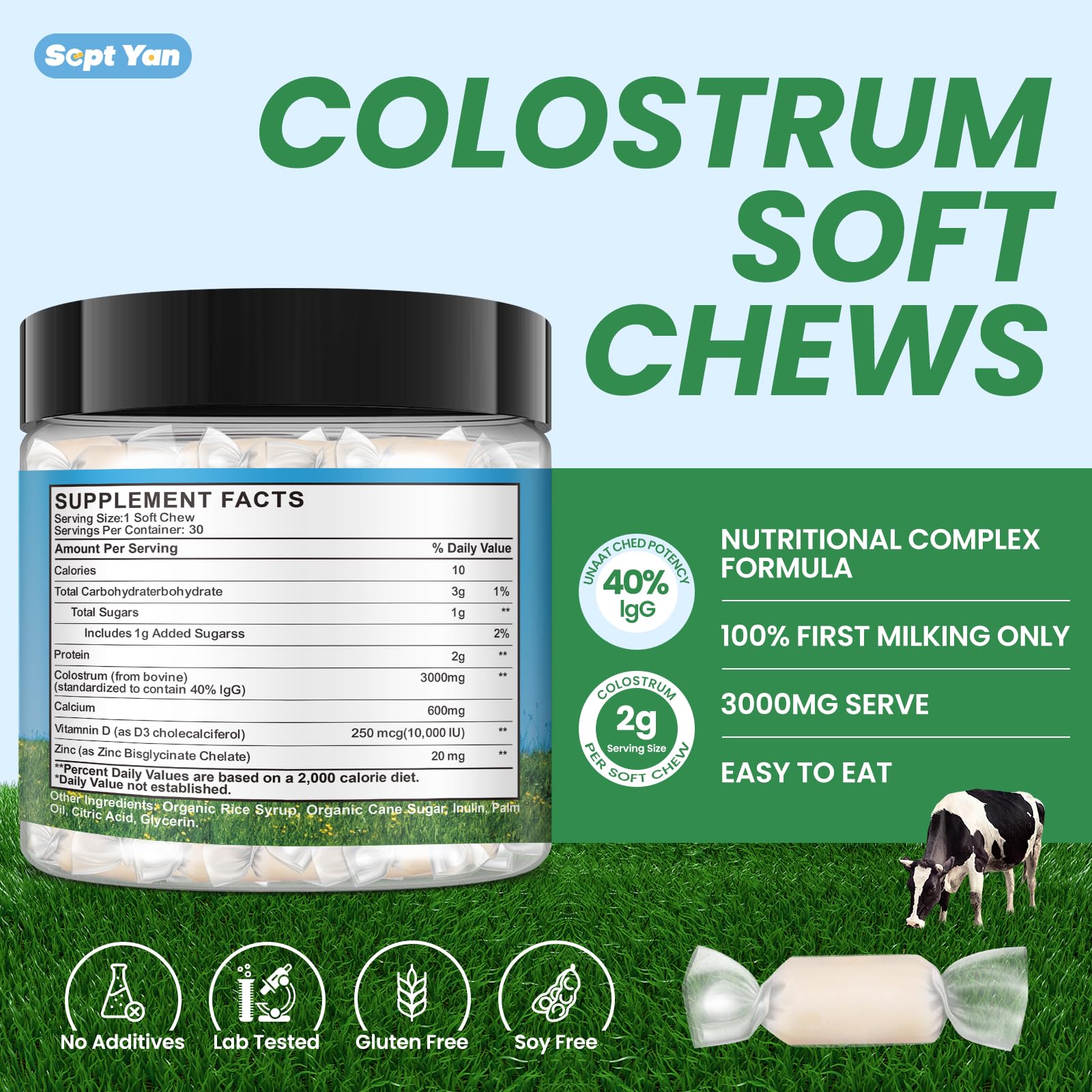 Colostrum Soft Chew Supplement (3000mg + 40% IgG), Concentrated Bovine Colostrum - Maple Wellness Supplements