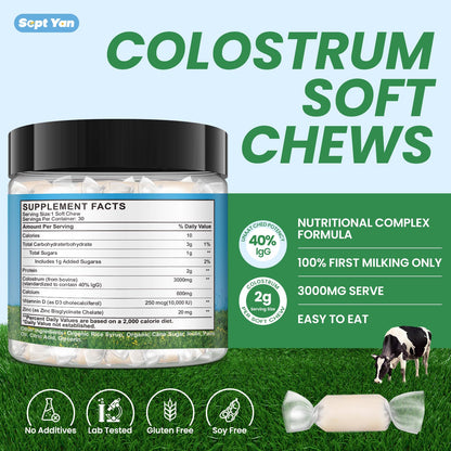 Colostrum Soft Chew Supplement (3000mg + 40% IgG), Concentrated Bovine Colostrum - Maple Wellness Supplements
