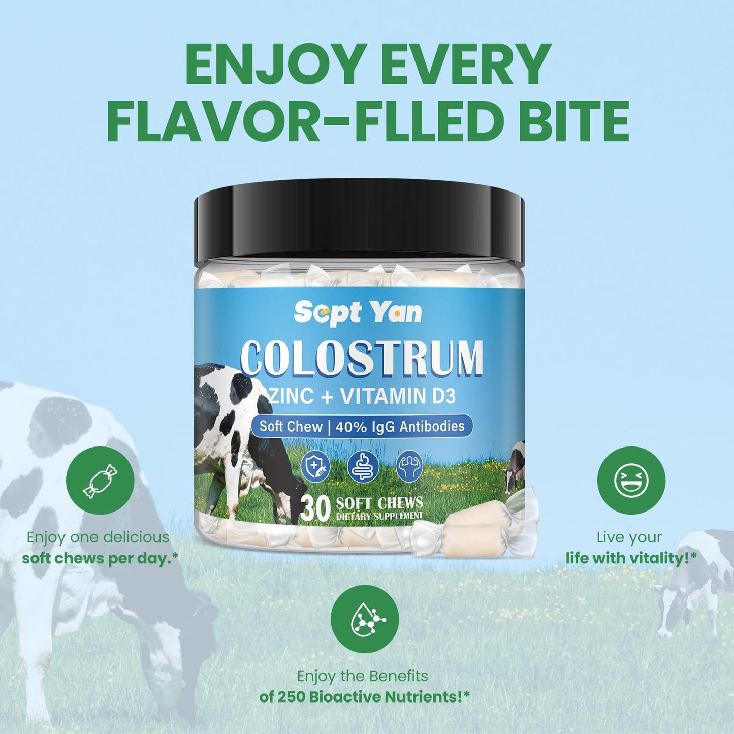 Colostrum Soft Chew Supplement (3000mg + 40% IgG), Concentrated Bovine Colostrum - Maple Wellness Supplements