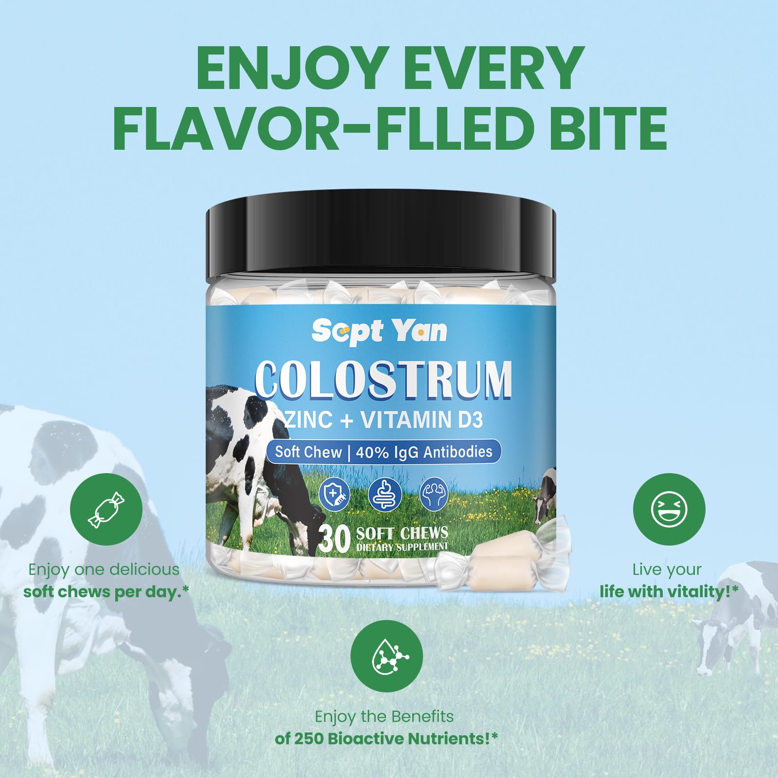 Colostrum Soft Chew Supplement (3000mg + 40% IgG), Concentrated Bovine Colostrum - Maple Wellness Supplements