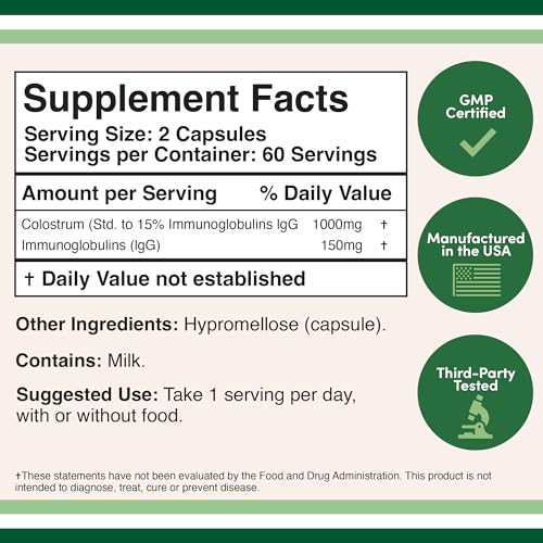 Colostrum Supplement 120 Capsules, 1,000mg per Serving (Bovine Colostrum Powder - Maple Wellness Supplements