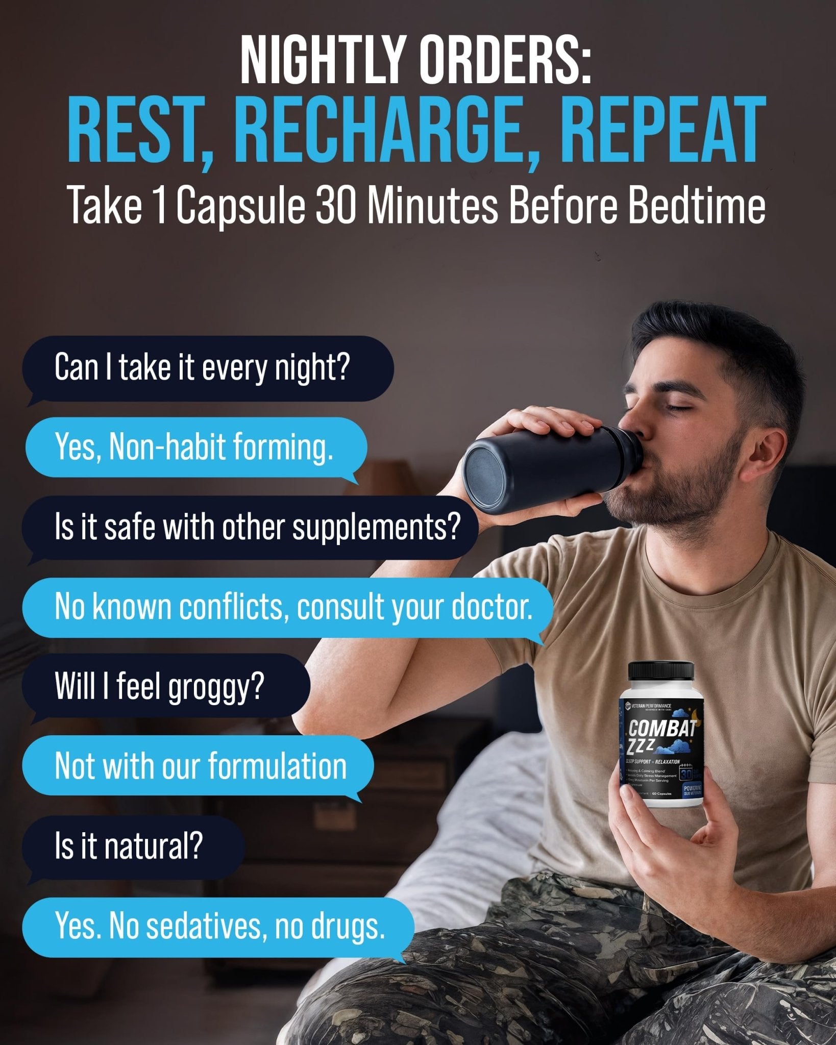 Combat ZZZ 4-in-1 Sleep Aid with Melatonin, Magnesium & L-Theanine – Non-Groggy Formula for Deep Sleep & Restful Recovery – Veteran-Founded, Made in USA (60 Capsules) | Sleep Aid for Adults - Maple Wellness Supplements