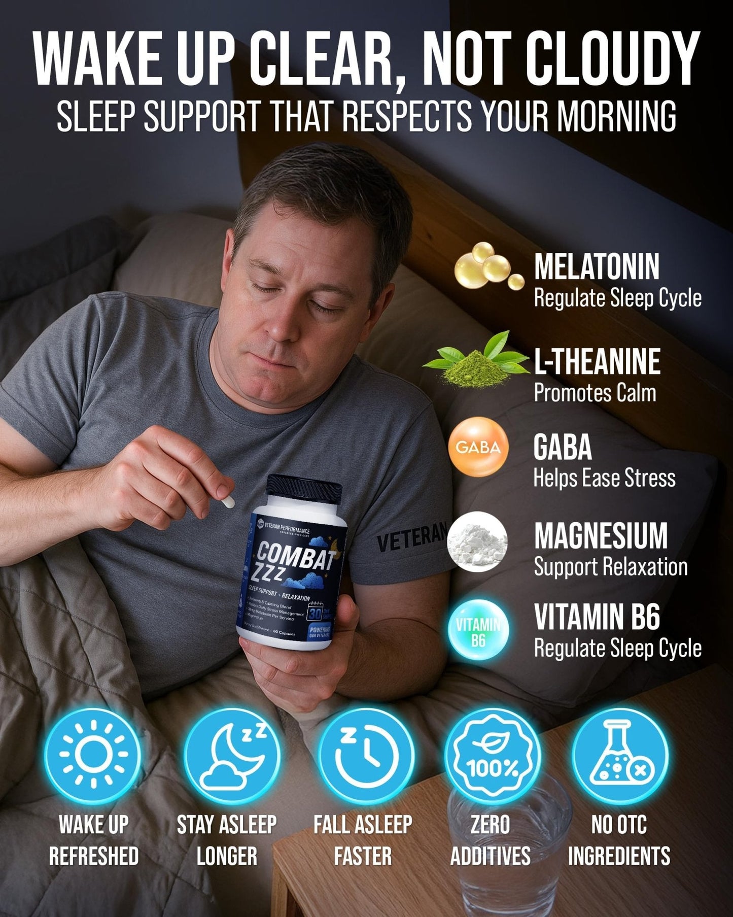 Combat ZZZ 4-in-1 Sleep Aid with Melatonin, Magnesium & L-Theanine – Non-Groggy Formula for Deep Sleep & Restful Recovery – Veteran-Founded, Made in USA (60 Capsules) | Sleep Aid for Adults - Maple Wellness Supplements