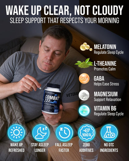 Combat ZZZ 4-in-1 Sleep Aid with Melatonin, Magnesium & L-Theanine – Non-Groggy Formula for Deep Sleep & Restful Recovery – Veteran-Founded, Made in USA (60 Capsules) | Sleep Aid for Adults - Maple Wellness Supplements