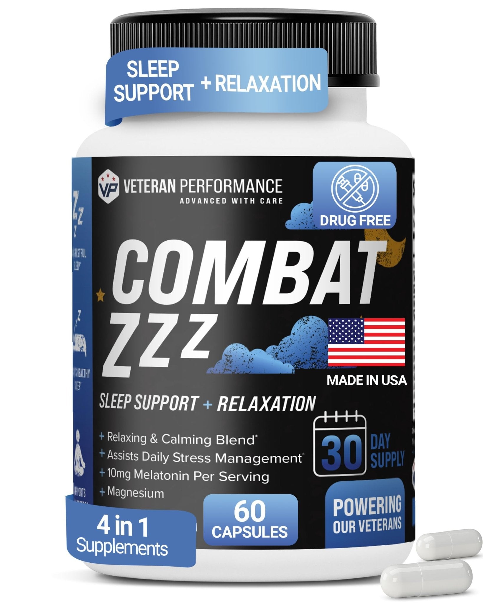 Combat ZZZ 4-in-1 Sleep Aid with Melatonin, Magnesium & L-Theanine – Non-Groggy Formula for Deep Sleep & Restful Recovery – Veteran-Founded, Made in USA (60 Capsules) | Sleep Aid for Adults - Maple Wellness Supplements