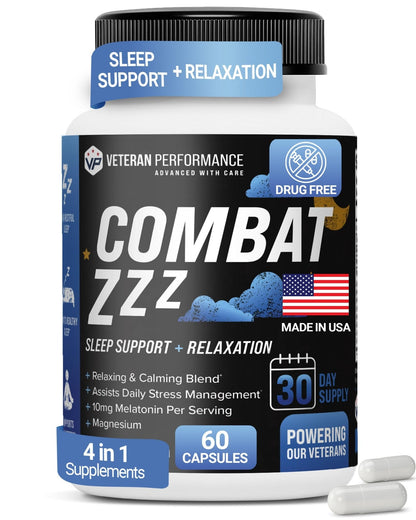 Combat ZZZ 4-in-1 Sleep Aid with Melatonin, Magnesium & L-Theanine – Non-Groggy Formula for Deep Sleep & Restful Recovery – Veteran-Founded, Made in USA (60 Capsules) | Sleep Aid for Adults - Maple Wellness Supplements