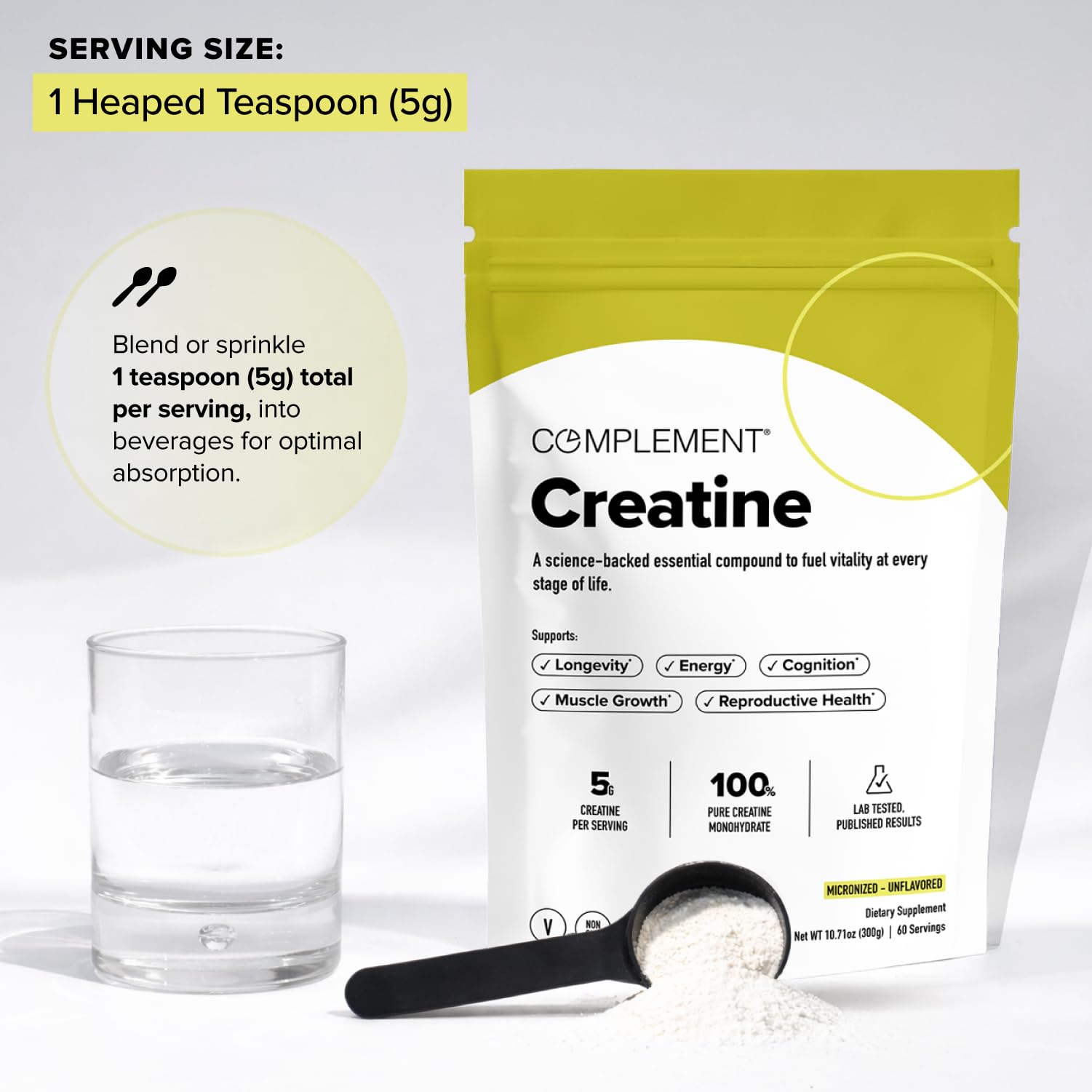 Complement Creatine Monohydrate Micronized Powder for Women and Men (5g, 60 Servings) Pre Workout, Post Workout, Muscle Recovery, Brain Health, Longevity- Vegan, Unflavored - Maple Wellness Supplements