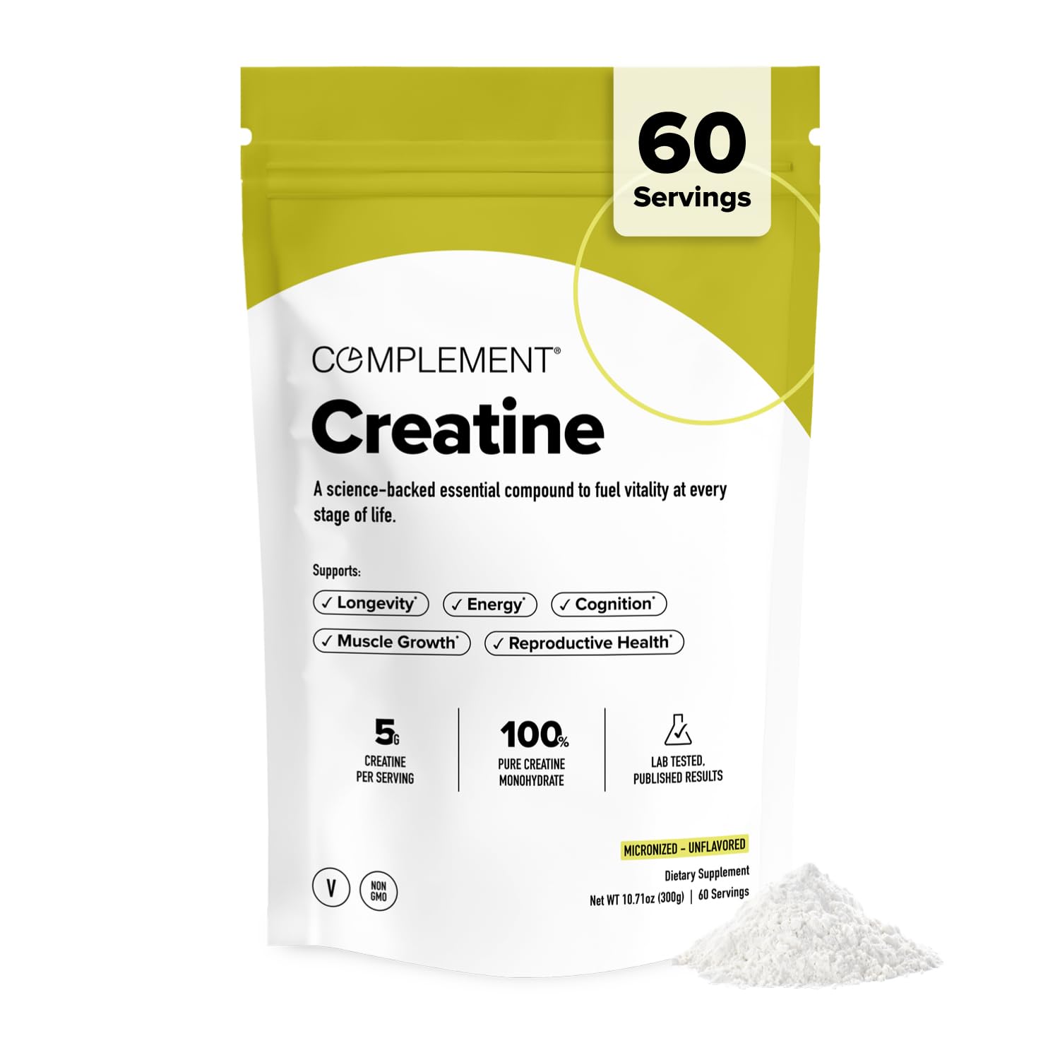 Complement Creatine Monohydrate Micronized Powder for Women and Men (5g, 60 Servings) Pre Workout, Post Workout, Muscle Recovery, Brain Health, Longevity- Vegan, Unflavored - Maple Wellness Supplements