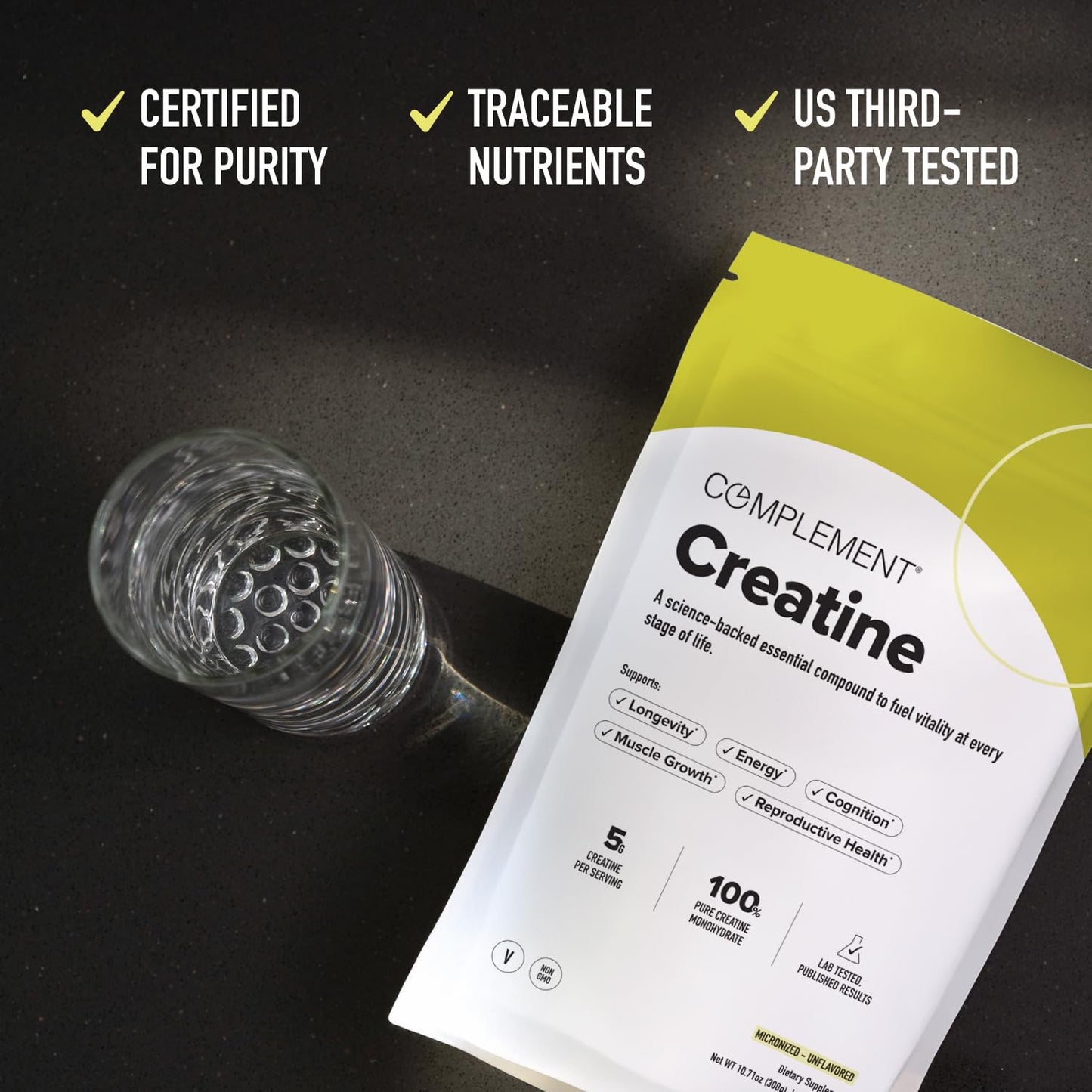 Complement Creatine Monohydrate Micronized Powder for Women and Men (5g, 60 Servings) Pre Workout, Post Workout, Muscle Recovery, Brain Health, Longevity- Vegan, Unflavored - Maple Wellness Supplements