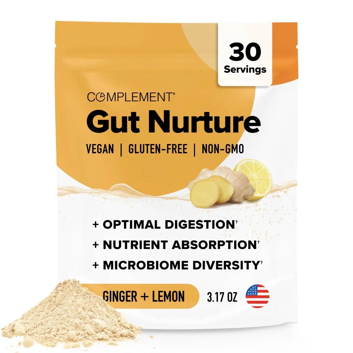 Complement Gut Nurture Prebiotic + Postbiotic Superfood Powder for Leaky Gut Repair, Probiotics for Digestive Health - Ginger Root - 30 Servings - Maple Wellness Supplements