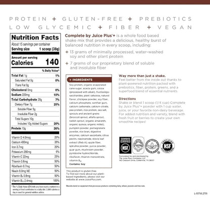 Complete by JuicePlus+ Dutch Chocolate Shakes - Plant-Based Nutrition - Whole Food Based Shake Powder with Protein, Fiber & Prebiotics - 30 Servings (2 Pouches, 15 Servings Each) - Maple Wellness Supplements