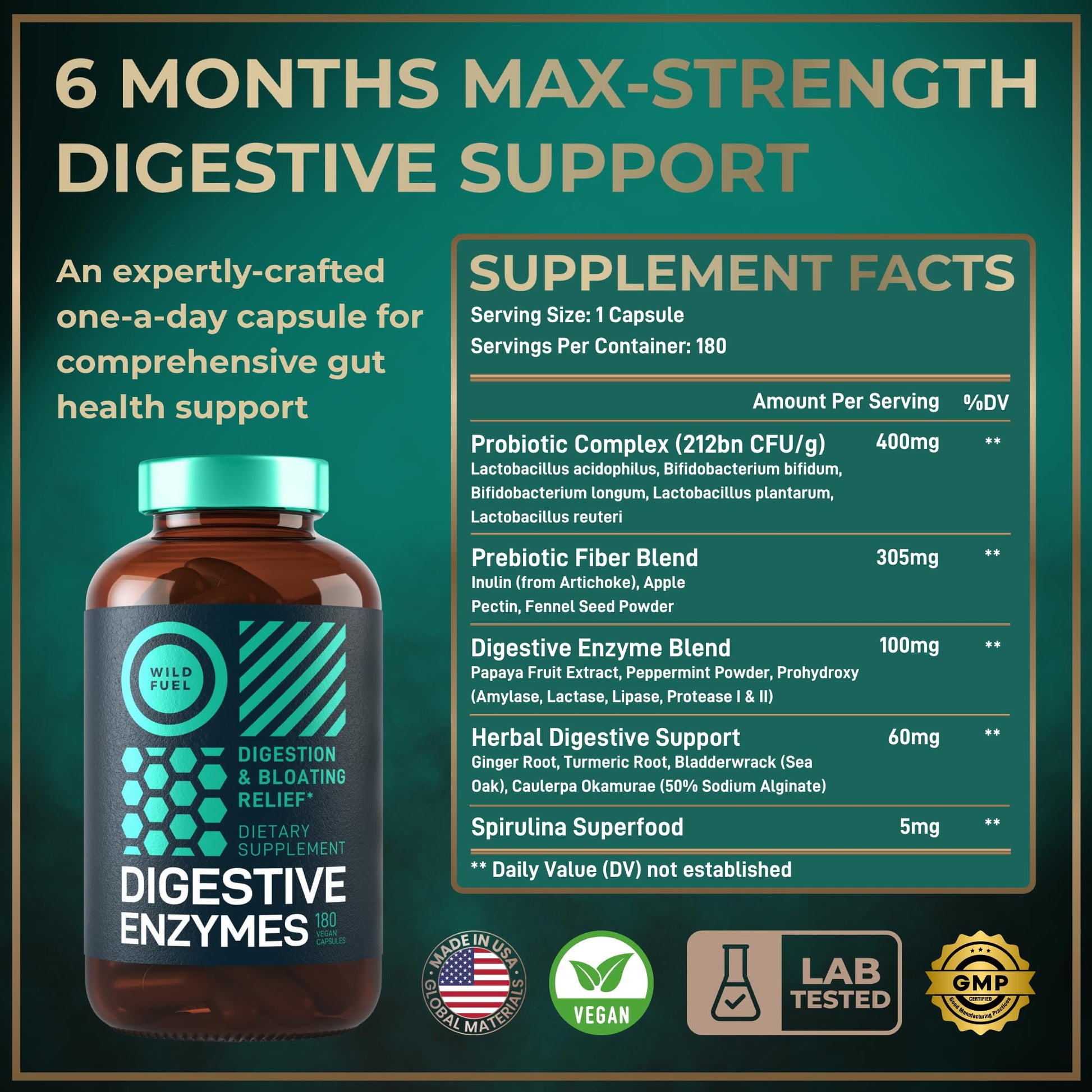 Complete Digestive Enzymes for Women & Men - 800mg Vegan Digestive Enzymes and Probiotics Prebiotics - Bloating Support, Gut Health & Digestion Supplement - Maple Wellness Supplements