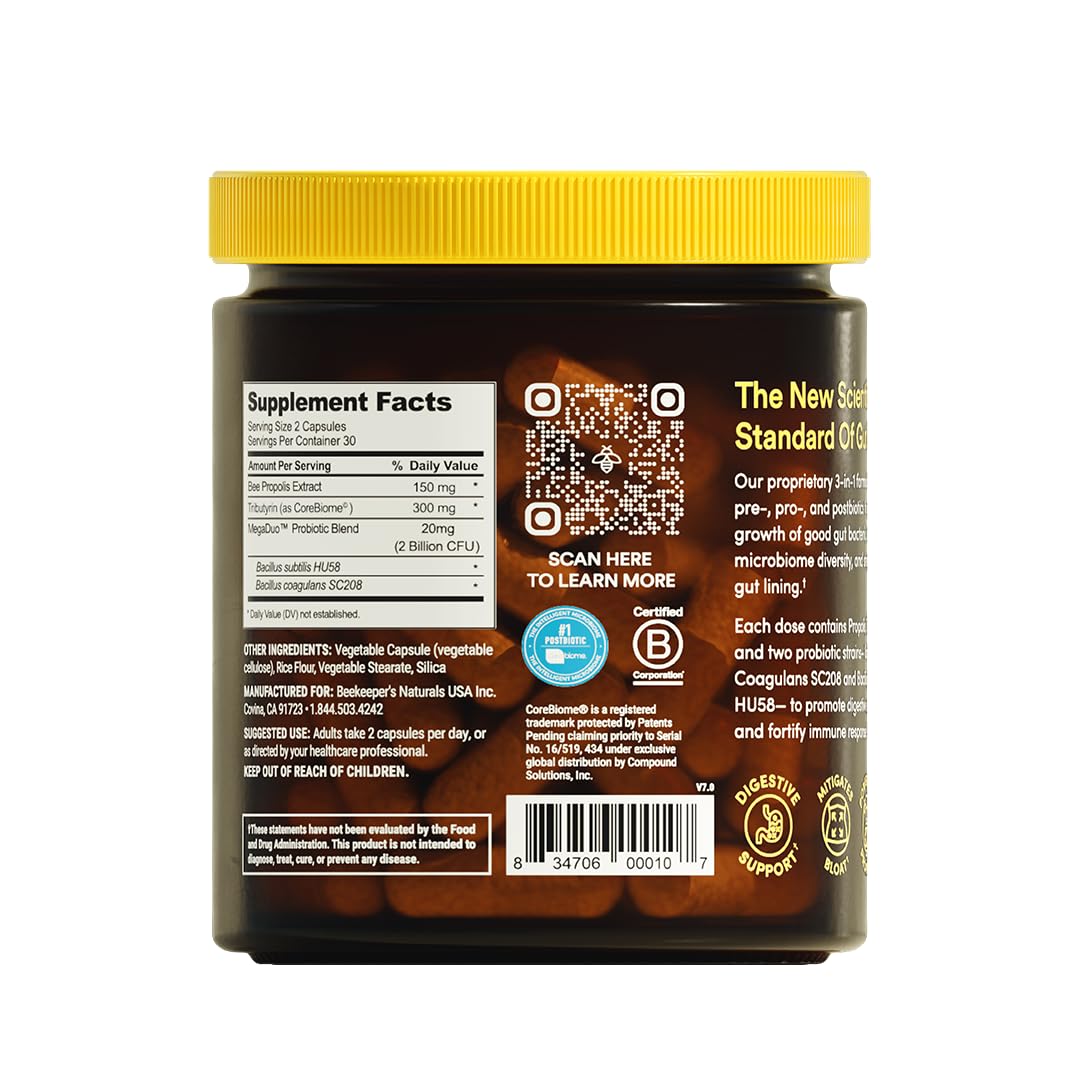 Complete Gut Health by Beekeeper's Naturals, 3-in-1 Prebiotic, Postbiotic, Probiotics for Digestive Health & Bloating Relief for Women & Men - Maple Wellness Supplements