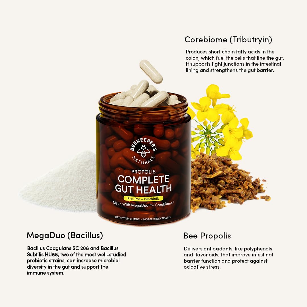 Complete Gut Health by Beekeeper's Naturals, 3-in-1 Prebiotic, Postbiotic, Probiotics for Digestive Health & Bloating Relief for Women & Men - Maple Wellness Supplements