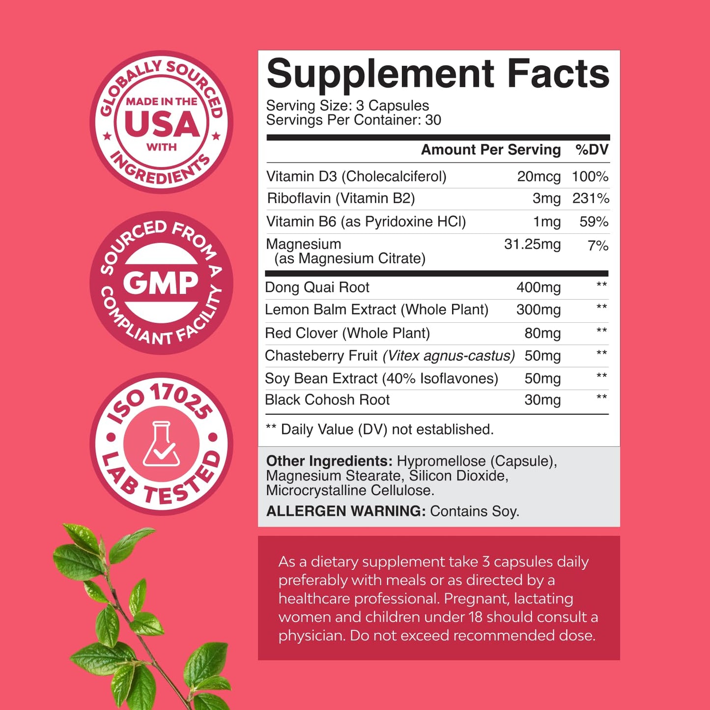 Complete Herbal Menopause Supplement for Women - Multibenefit Menopause Ease Hormone Balance for Women for Night Sweats Mood and More with Dong Quai Vitex Chaste Berry and Black Cohosh - 90 Count - Maple Wellness Supplements
