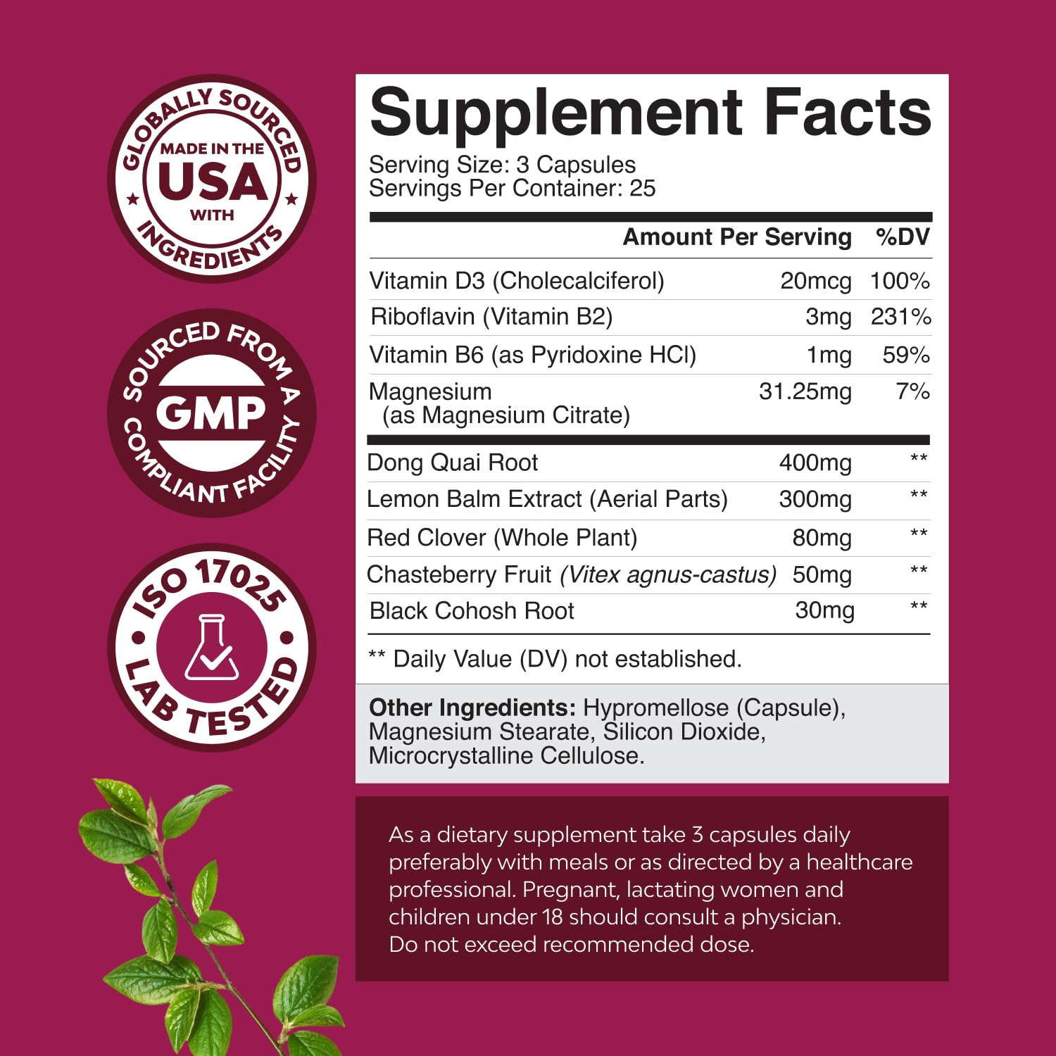 Complete Herbal Menopause Supplement for Women - Soy Free Female Hormone Balance Capsules for Night Sweats Hot Flashes & Mood Swings with Dong Quai, Chaste Berry & Black Cohosh Root - 75 Count - Maple Wellness Supplements