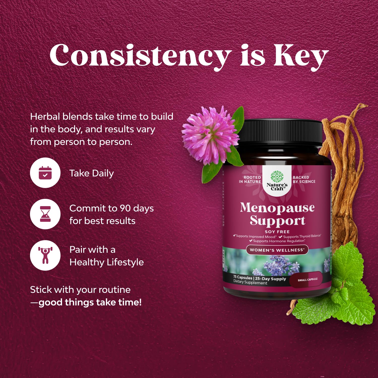 Complete Herbal Menopause Supplement for Women - Soy Free Female Hormone Balance Capsules for Night Sweats Hot Flashes & Mood Swings with Dong Quai, Chaste Berry & Black Cohosh Root - 75 Count - Maple Wellness Supplements