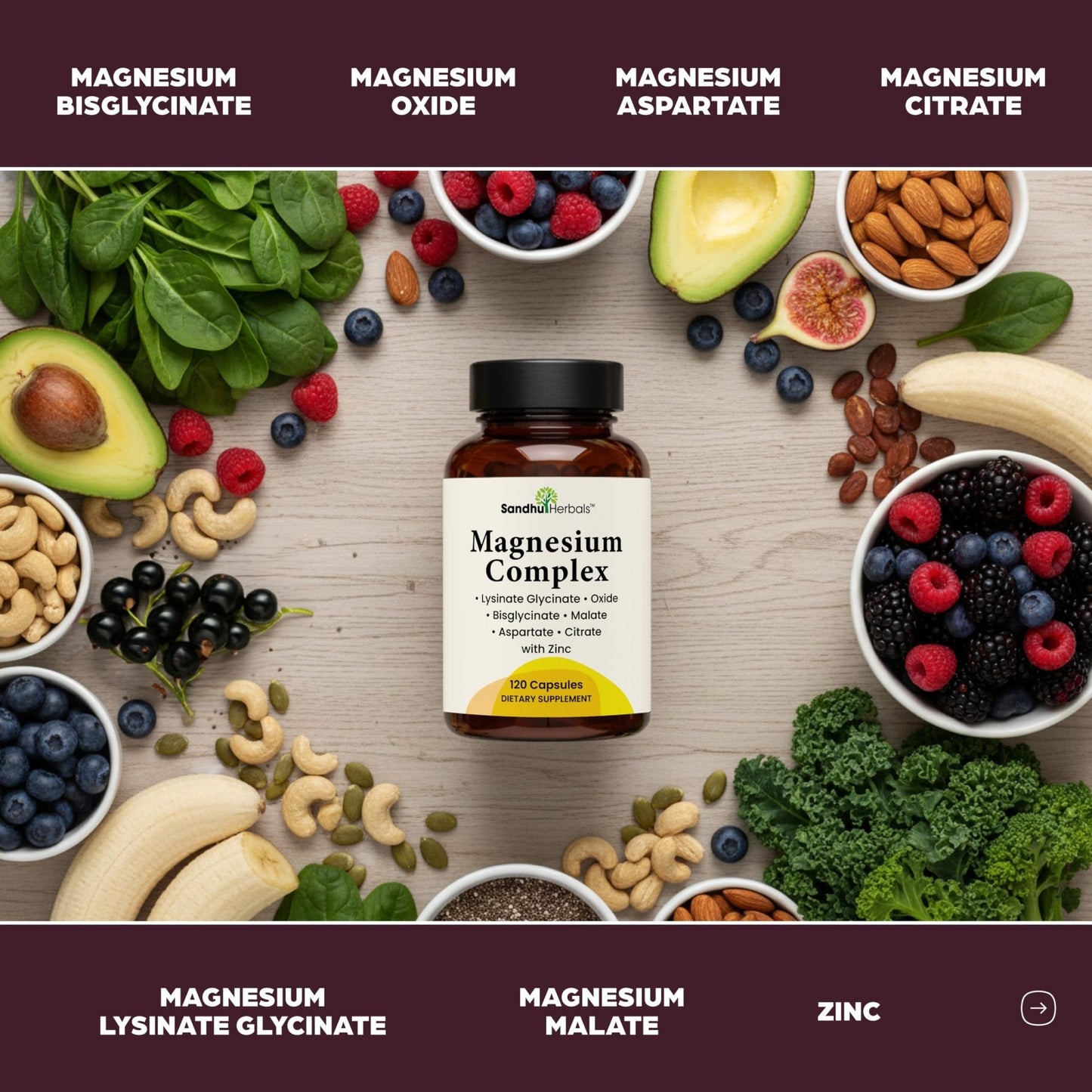 Complete Magnesium Complex 500mg for Women & Men | 120 Capsules | 6 in 1 Mag Supplement with Zinc | Quality Sleep & Muscle Health | Glycinate, Citrate - Maple Wellness Supplements