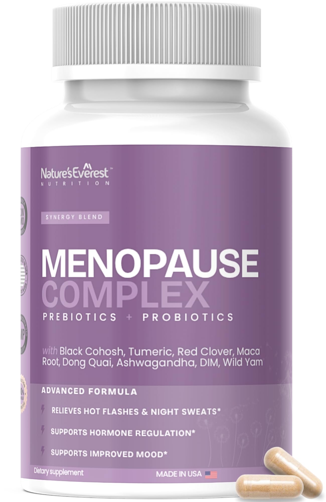 Complete Menopause Supplement for Women – Supports Hormone Balance, Hot Flashes, Night Sweats & Mood – with DIM, Black Cohosh, Dong Quai, Chasteberry, Pre & Probiotics – 90 Capsules – Made in USA - Maple Wellness Supplements