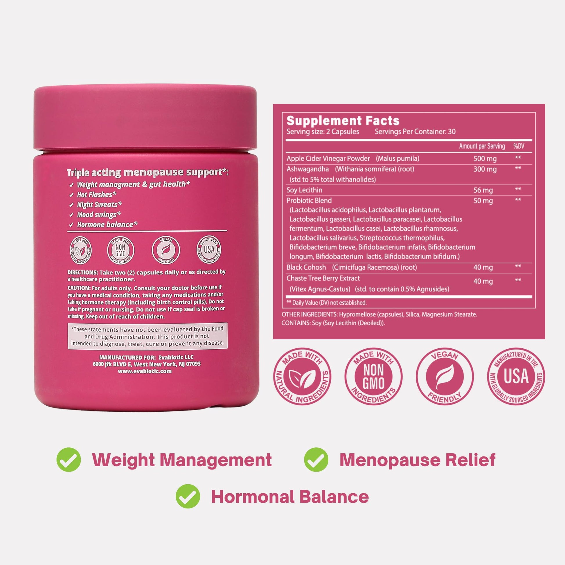 Complete Menopause Vitamins - Ashwaghanda, Probiotics, ACV for Weight Management, Hot Flashes, Night Sweats, Bloat, Hormone Balance - Vegan 60 Caps Menopause Supplements for Women Non-GMO - Maple Wellness Supplements