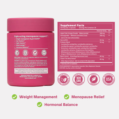 Complete Menopause Vitamins - Ashwaghanda, Probiotics, ACV for Weight Management, Hot Flashes, Night Sweats, Bloat, Hormone Balance - Vegan 60 Caps Menopause Supplements for Women Non-GMO - Maple Wellness Supplements