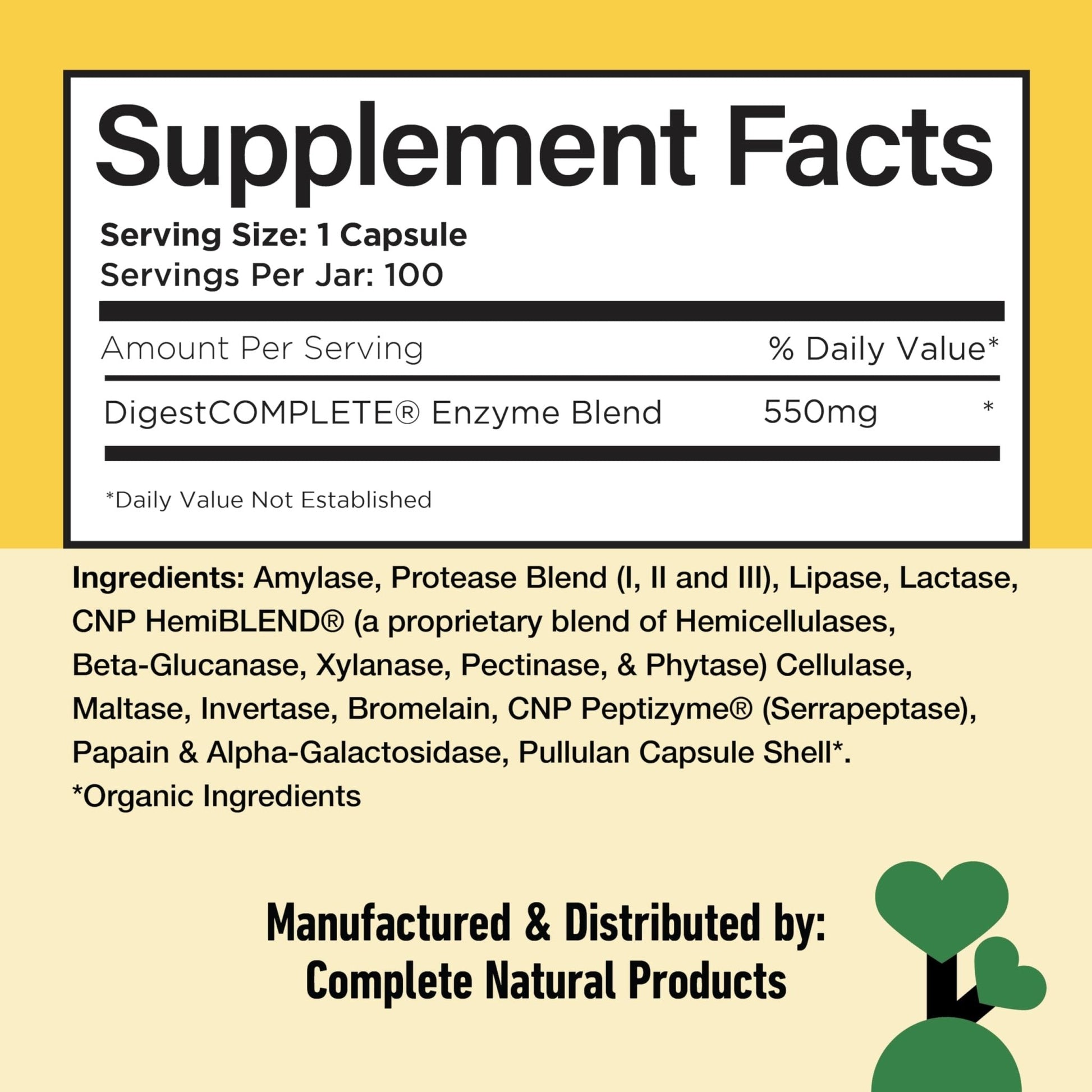 Complete Natural Products Digestive Enzyme Capsules, 550mg, 100ct | Plant-Based Formula - Maple Wellness Supplements