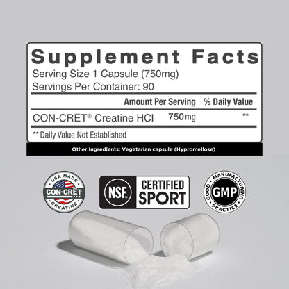 CON-CRET Creatine HCl Capsules | Muscle, Cognitive, Cellular Energy Support | No Bloating or Cramps | USA Made & NSF Certified - Maple Wellness Supplements