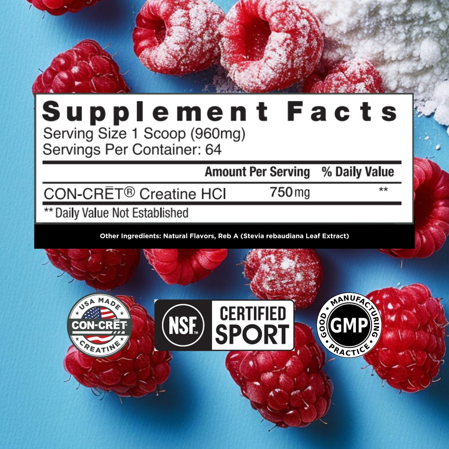 CON-CRET Creatine HCl Powder | Muscle, Cognitive, Cellular Energy Support | No Bloating or Cramps | USA Made & NSF Certified | Raspberry (64 Serving) - Maple Wellness Supplements