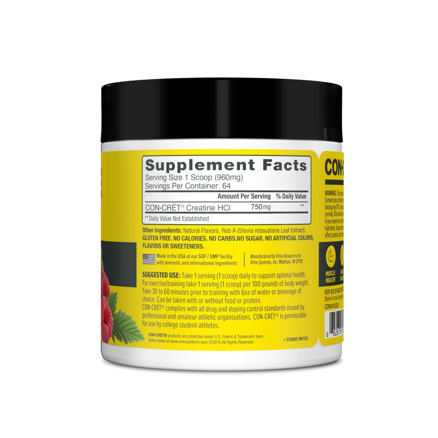 CON-CRET Creatine HCl Powder | Muscle, Cognitive, Cellular Energy Support | No Bloating or Cramps | USA Made & NSF Certified | Raspberry (64 Serving) - Maple Wellness Supplements