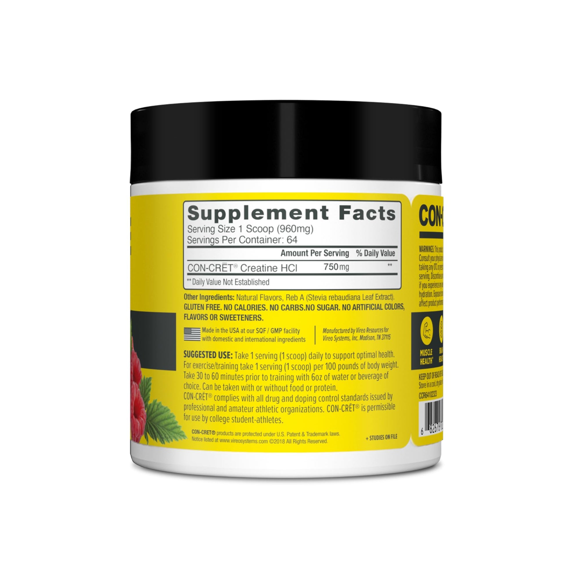 CON-CRET Creatine HCl Powder | Muscle, Cognitive, Cellular Energy Support | No Bloating or Cramps | USA Made & NSF Certified | Raspberry (64 Serving) - Maple Wellness Supplements