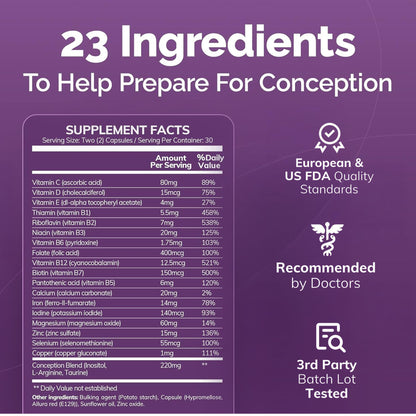 CONCEIVE PLUS Womens Fertility Support – Prenatal Multivitamin for Trying to Get Pregnant – Conception Blend, Hormonal Balance, Folate, Zinc, Thiamin, Riboflavin, Biotin – Non-GMO, Vegan – 30 Days - Maple Wellness Supplements