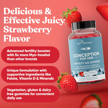 Conception for Her Fertility Gummies - Fertility Supplements for Women with Myo Inositol, Folate & more Essential Nutrients - Delicious Juicy Strawberry Hormone Balance Vitamins, 75 ct Pectin Gummies - Maple Wellness Supplements