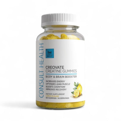 Consult Health CREOVATE CREATINE MONOHYDRATE Gummies 5g Dose for Men & Women to Support Muscle, Strength, Recovery, Cognitive Health & Memory, Zero Sugar, Gluten Free, Natural Lemon, 90 Count - Maple Wellness Supplements