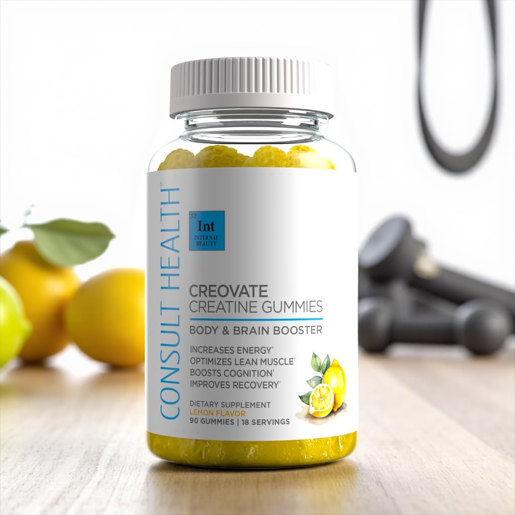 Consult Health CREOVATE CREATINE MONOHYDRATE Gummies 5g Dose for Men & Women to Support Muscle, Strength, Recovery, Cognitive Health & Memory, Zero Sugar, Gluten Free, Natural Lemon, 90 Count - Maple Wellness Supplements