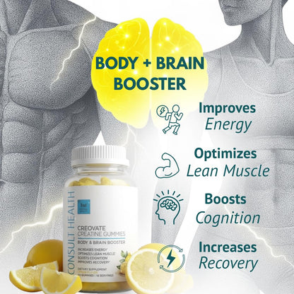 Consult Health CREOVATE CREATINE MONOHYDRATE Gummies 5g Dose for Men & Women to Support Muscle, Strength, Recovery, Cognitive Health & Memory, Zero Sugar, Gluten Free, Natural Lemon, 90 Count - Maple Wellness Supplements