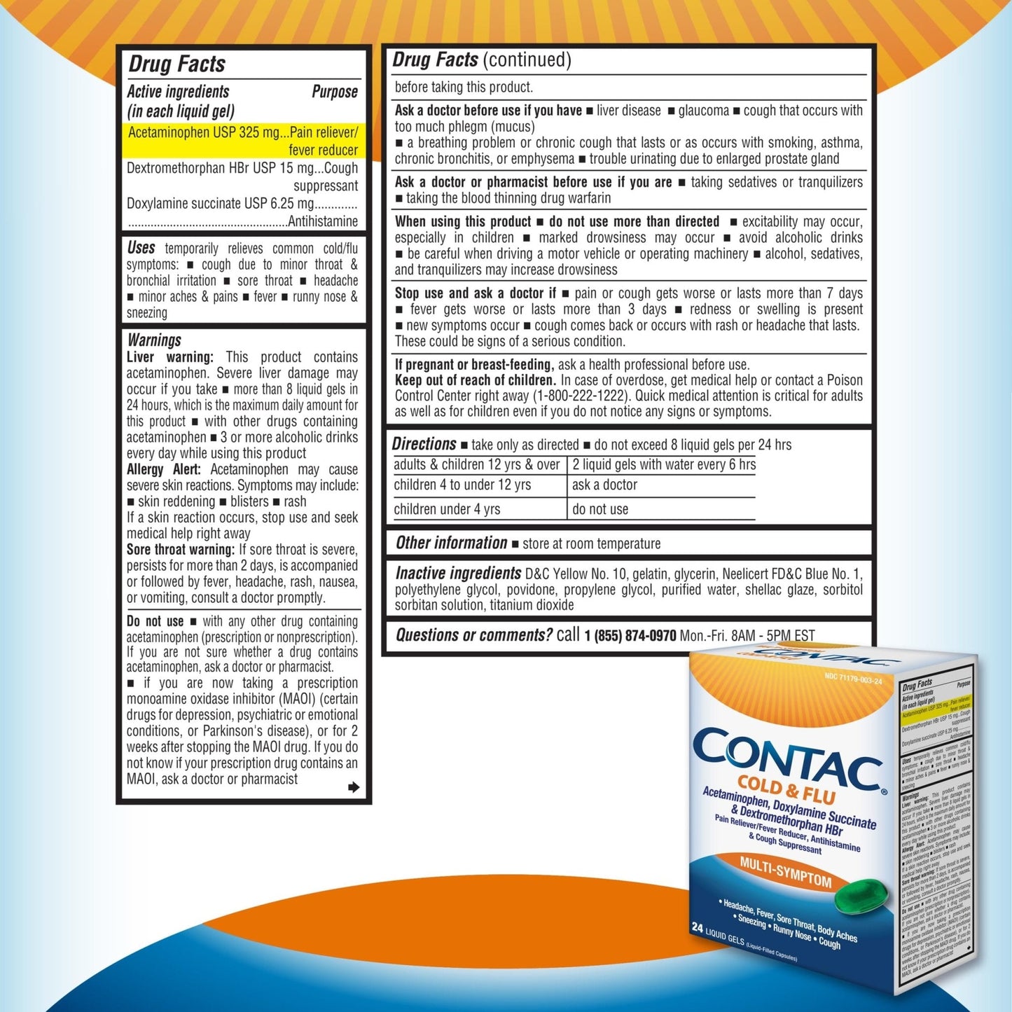 Contac Cold & Flu Medicine, Powerful, Multi-Symptom Relief for Pain, Fever, Sore Throat, Body Aches, Sneezing, Runny Nose & Cough, 24 Count Liquid Gels - Maple Wellness Supplements