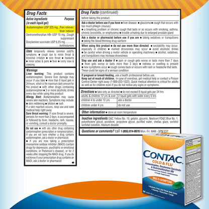 Contac Cold & Flu Medicine, Powerful, Multi-Symptom Relief for Pain, Fever, Sore Throat, Body Aches, Sneezing, Runny Nose & Cough, 24 Count Liquid Gels - Maple Wellness Supplements