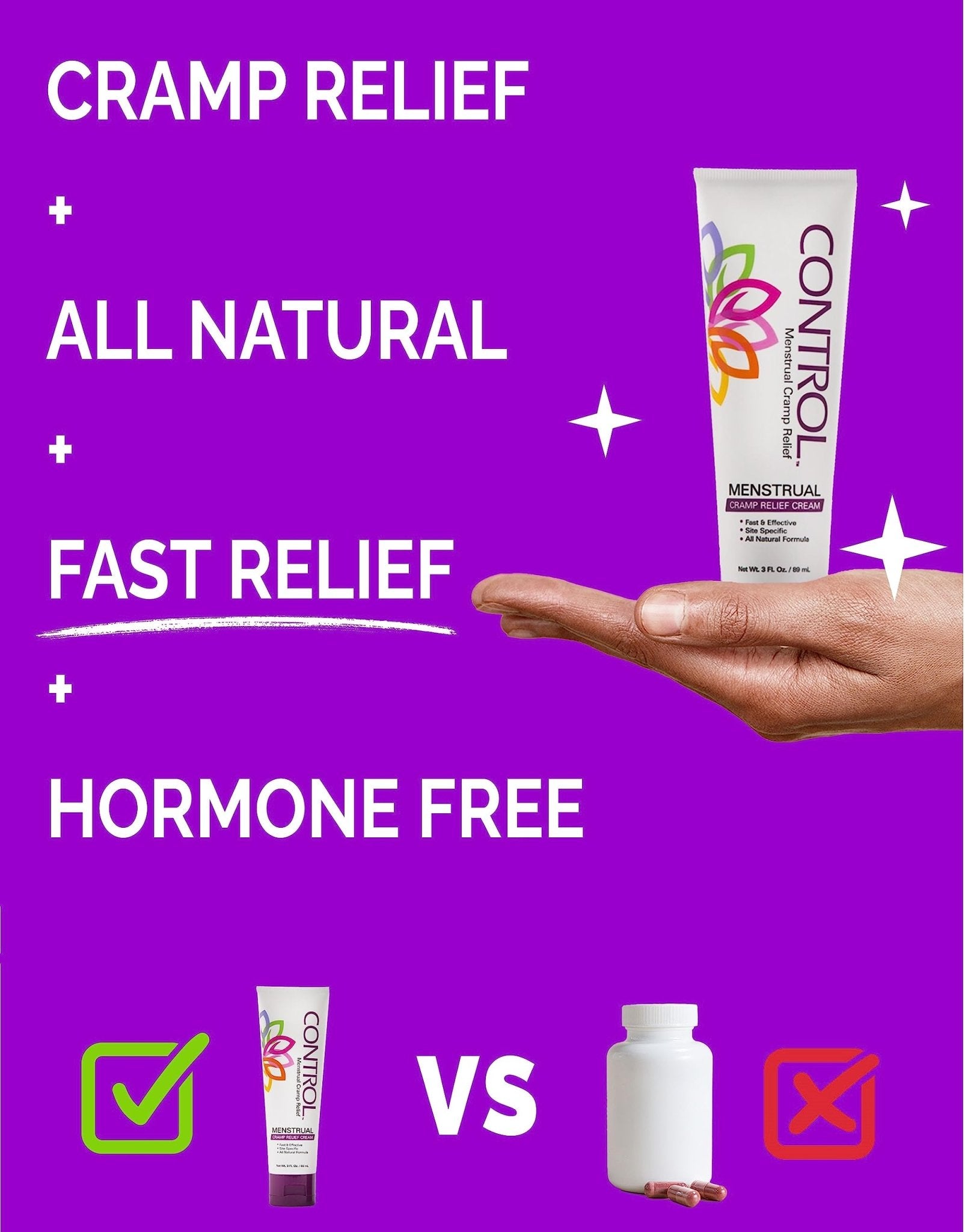 CONTROL, Menstrual Cramp Relief Cream, Topical Pain Relief for Period Cramps and PMS, Period Relief Products, Fast and Effective, Easy to Use, Safe for All Ages, Hormone Free, All Natural, 3 oz Tube. - Maple Wellness Supplements