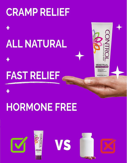 CONTROL, Menstrual Cramp Relief Cream, Topical Pain Relief for Period Cramps and PMS, Period Relief Products, Fast and Effective, Easy to Use, Safe for All Ages, Hormone Free, All Natural, 3 oz Tube. - Maple Wellness Supplements