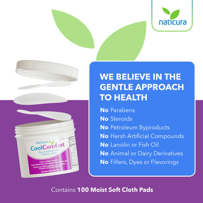 CoolComfort Personal Cleansing Pads with Organic Witch Hazel and Aloe Vera - All Natural and Fast Acting Wipes for Hemorrhoid Burning, Itching, Pain and Swelling - 100 Pads - No Parabens - Made in USA - Maple Wellness Supplements