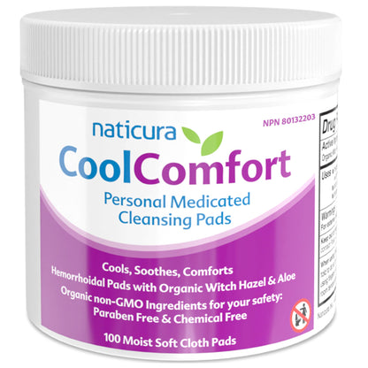 CoolComfort Personal Cleansing Pads with Organic Witch Hazel and Aloe Vera - All Natural and Fast Acting Wipes for Hemorrhoid Burning, Itching, Pain and Swelling - 100 Pads - No Parabens - Made in USA - Maple Wellness Supplements