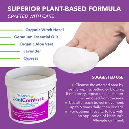 CoolComfort Personal Cleansing Pads with Organic Witch Hazel and Aloe Vera - All Natural and Fast Acting Wipes for Hemorrhoid Burning, Itching, Pain and Swelling - 100 Pads - No Parabens - Made in USA - Maple Wellness Supplements