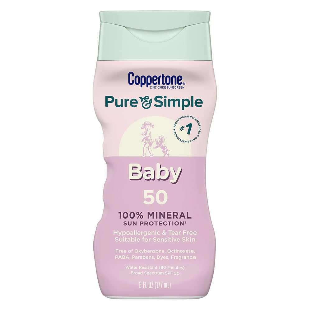 Coppertone Pure and Simple Baby Sunscreen Lotion SPF 50, Zinc Oxide Mineral Sunscreen for Babies, Hypoallergenic and Tear Free, 6 Fl Oz Bottle - Maple Wellness Supplements