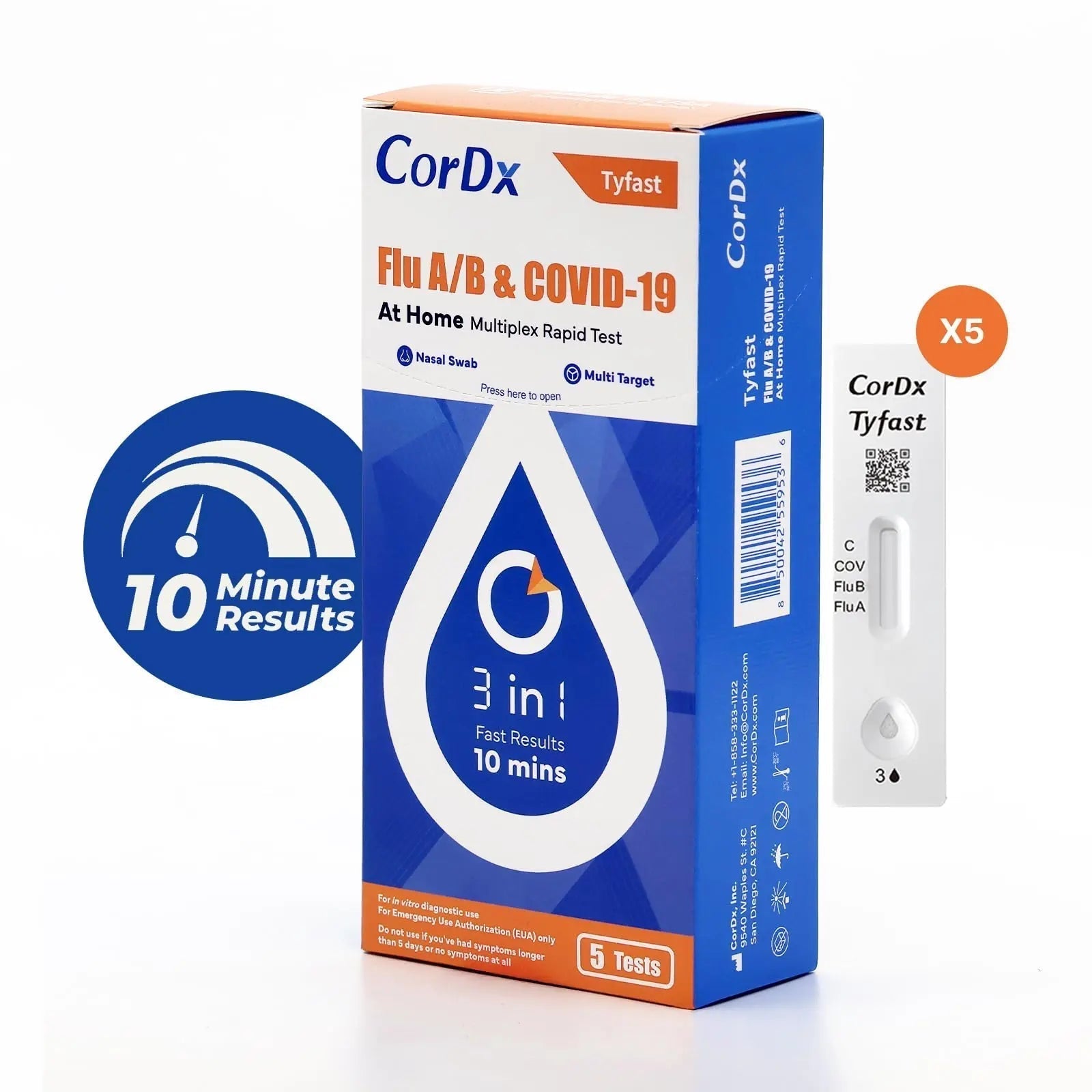 CorDx TyFast at Home Flu A/B & COVID-19 Multiplex Rapid Test Kit, Easy, Accurate, Fast Results in 10 Minutes, 3 in 1 Combo Kit, 5 Tests - Maple Wellness Supplements