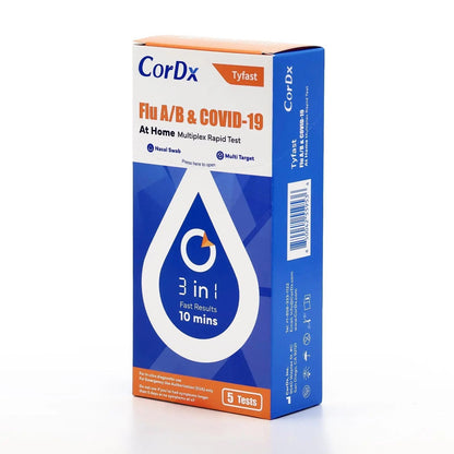 CorDx TyFast at Home Flu A/B & COVID-19 Multiplex Rapid Test Kit, Easy, Accurate, Fast Results in 10 Minutes, 3 in 1 Combo Kit, 5 Tests - Maple Wellness Supplements