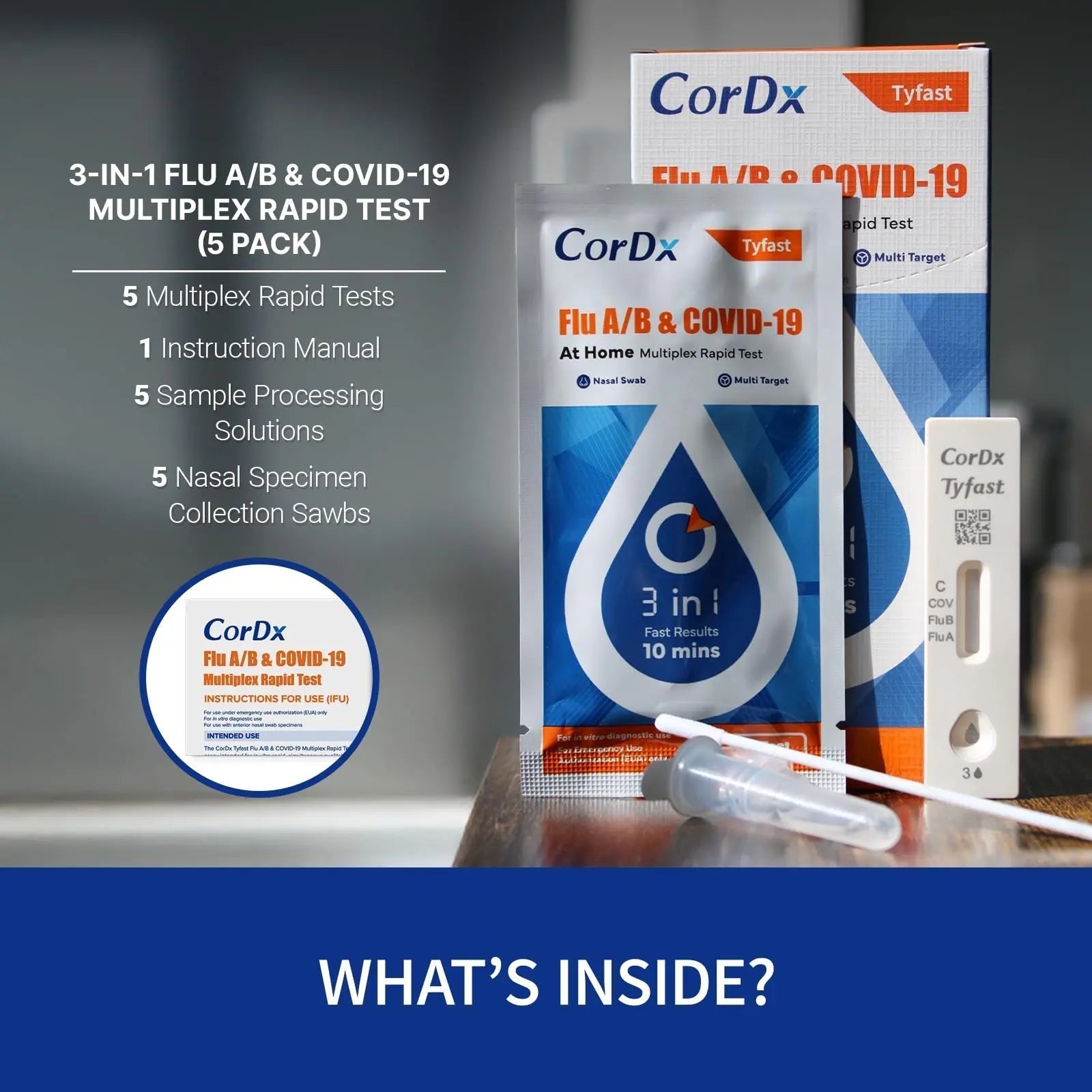 CorDx TyFast at Home Flu A/B & COVID-19 Multiplex Rapid Test Kit, Easy, Accurate, Fast Results in 10 Minutes, 3 in 1 Combo Kit, 5 Tests - Maple Wellness Supplements