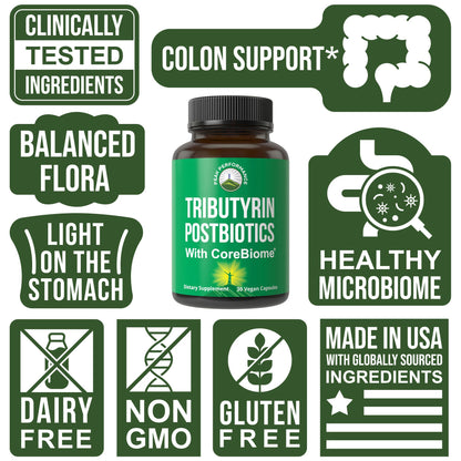 CoreBiome Tributyrin Postbiotic Supplement Clinically Tested for Gut Health. More Effective Than Sodium Butyrate Capsules. High Bioavailability Post Biotics for Digestive, Leaky Gut, Colon, Microbiome - Maple Wellness Supplements