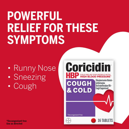 Coricidin HBP Decongestant-Free Cough and Cold Medicine - Specially Designed Relief for High Blood Pressure, Cough, Runny Nose, Sneezing and Cold Symptoms (16 Count) - Maple Wellness Supplements